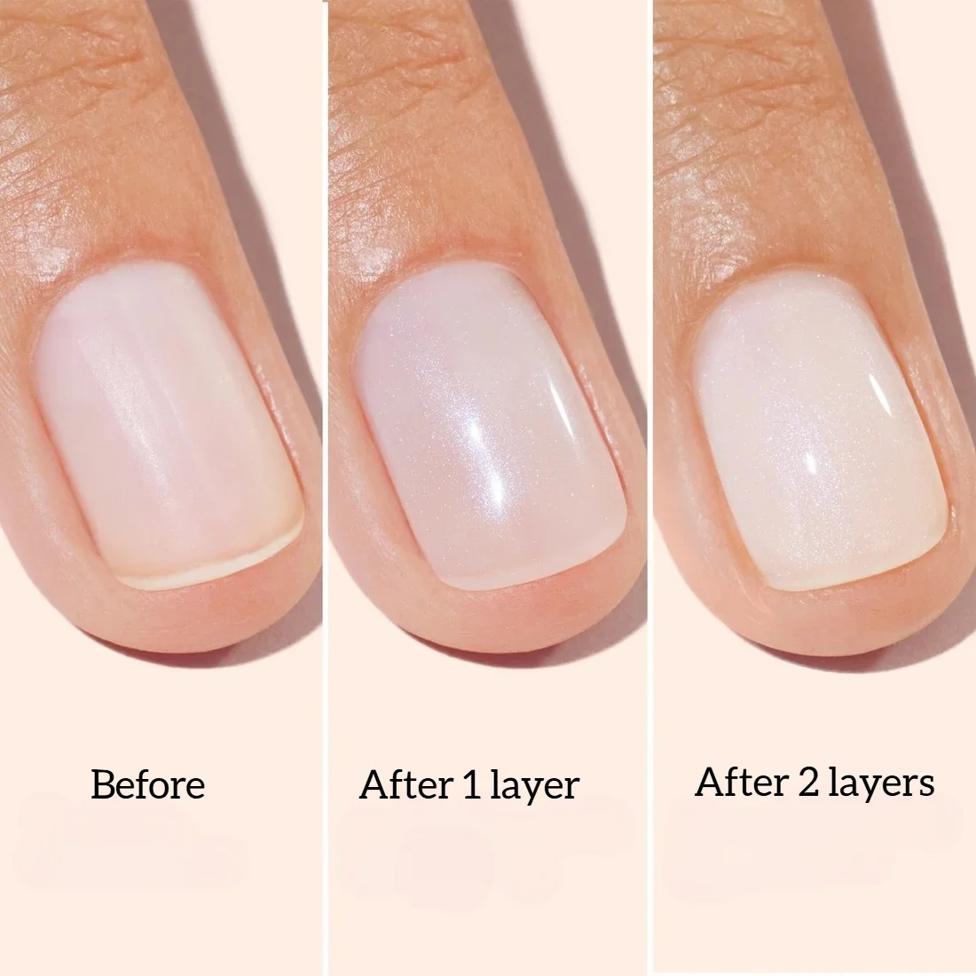 Nagų šviesinimo efektas su Active Bright – prieš, po 1 sluoksnio ir po 2 sluoksnių