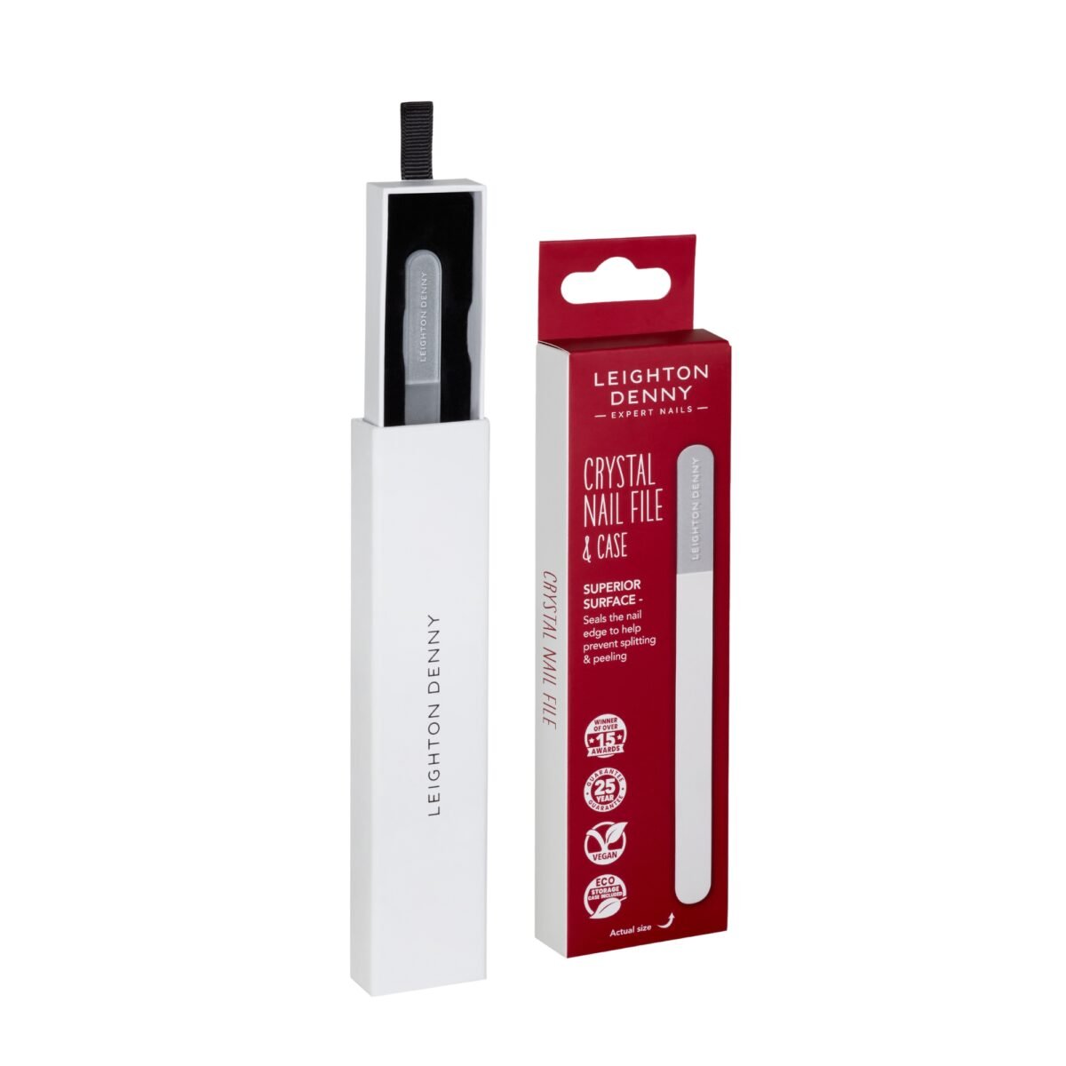 Kristalinė dildė su pakuote – Leighton Denny Crystal Nail File raudonoje pakuotėje