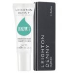 Leighton Denny Renovate kremas pažeistiems nagams ir Duplex poliruoklis – intensyvios nagų priežiūros rinkinys baltame fone