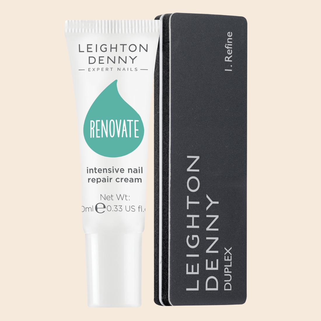 Leighton Denny Renovate kremas pažeistiems nagams ir Duplex poliruoklis – intensyvios nagų priežiūros rinkinys