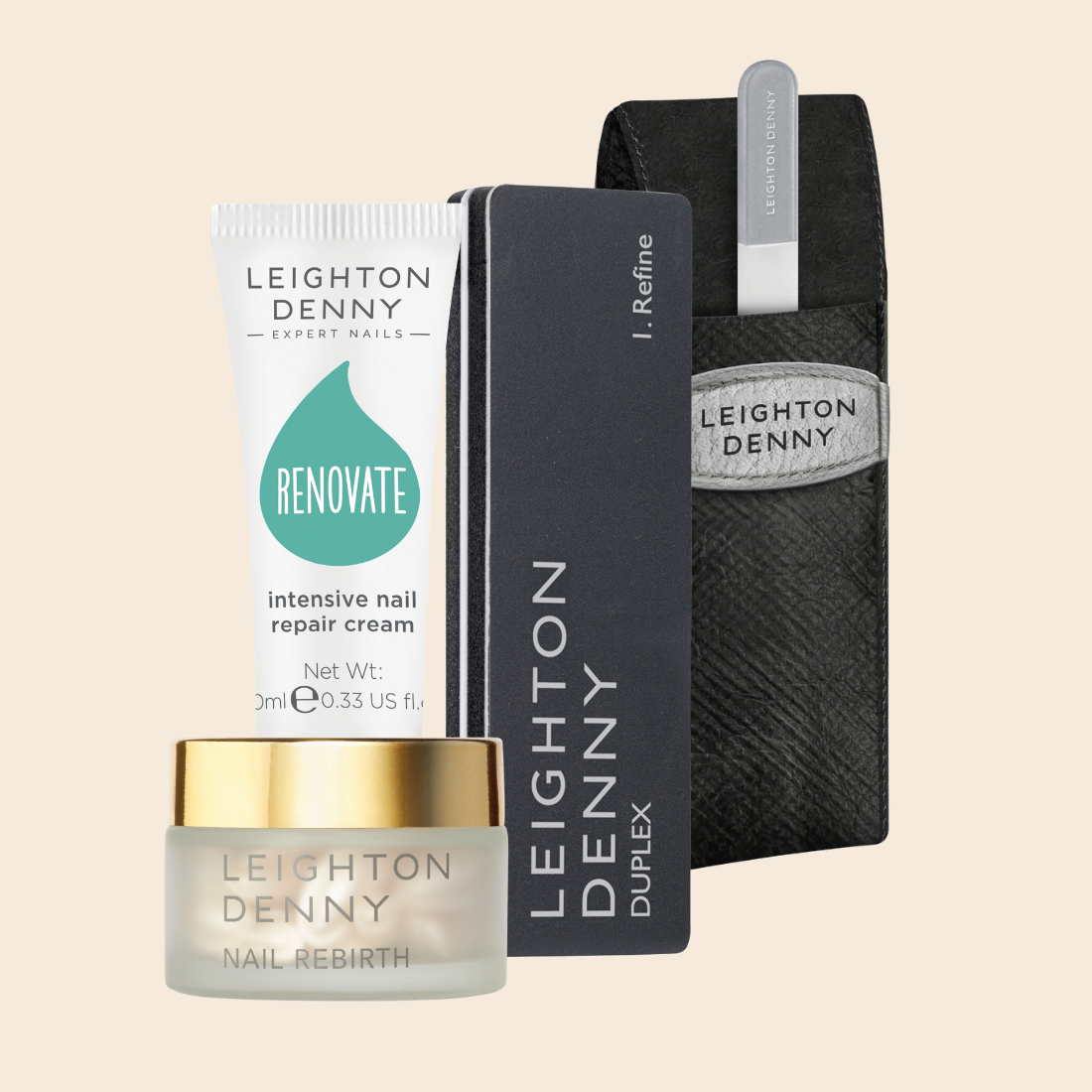 „Leighton Denny“ nagų priežiūros rinkinys su RENOVATE kremu, Duplex poliruokliu ir dėklu.