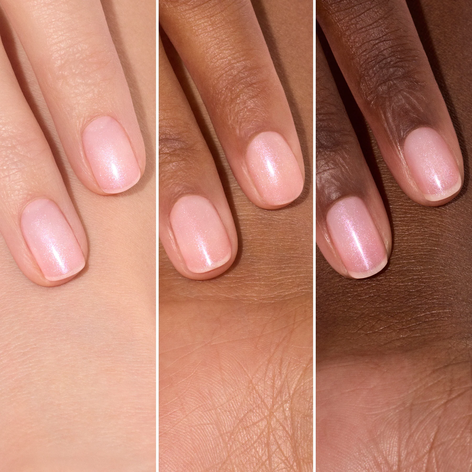 Active Plump nagų stipriklio atspalvis ant skirtingų odos tonų – švelni perlinė rožinė spalva