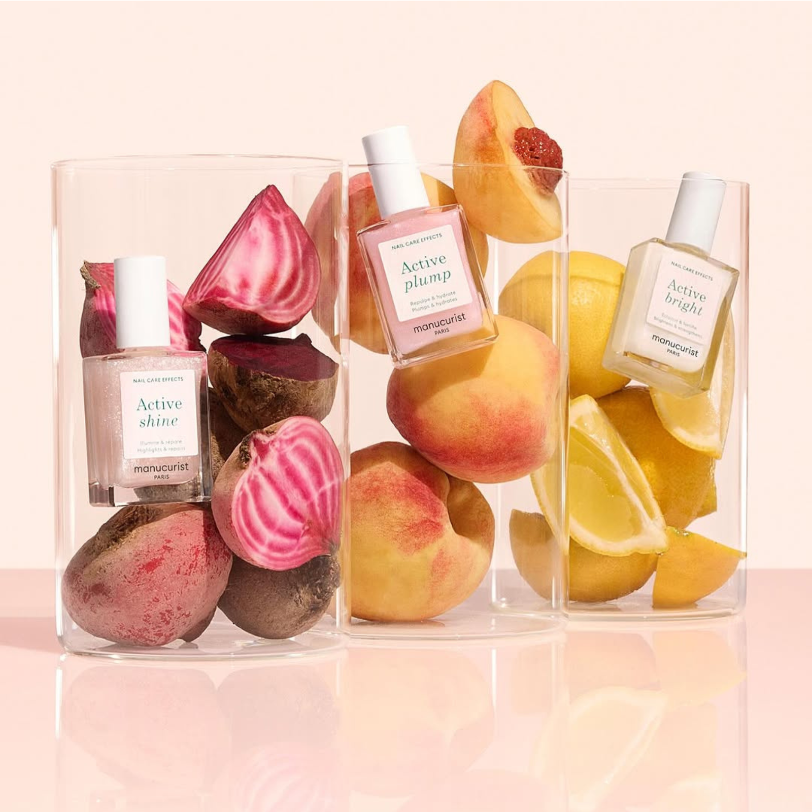 Manucurist Active nagų stiprikliai Plump, Shine ir Bright buteliukai